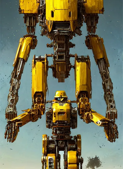 Prompt: human-sized strong intricate yellow pit droid, pancake flattened head, exposed metal bones, painterly humanoid mecha, by Greg Rutkowski