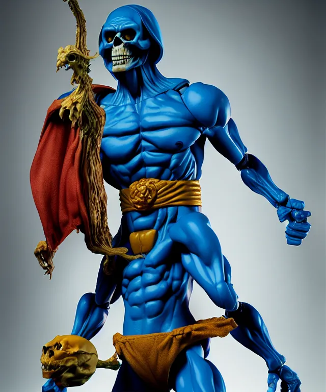 Image similar to hyperrealistic rendering, skeletor, by art of skinner and richard corben and jeff easley, product photography, action figure, sofubi, studio lighting, colored gels