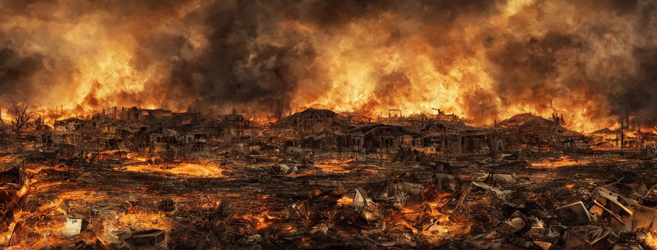 Image similar to vision of an still snapshots from moment if explosion of the hydrogen bomb, dust shockwave, apocalyptic ruined landscape in fire, waste, total destruction, detailed drawing of total devastation, collapsed houses, broken forests, burnt remains of cars and garbage, high detail, saturated colors, by james paick, render unreal engine - h 7 0 4