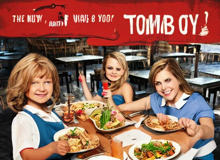 Image similar to Tomboy Outback, the new restaurant where all the waitresses are cute tomboys. Promotional poster