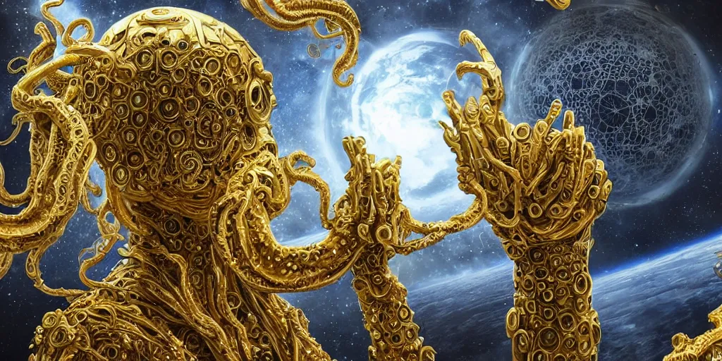 Prompt: a photo of 8k ultra realistic corrupted lovecraftian golden humanoid queen standing next to a spaceship window overlooking earth, 8 intricate white and gold tentacles, ornate white and gold armour