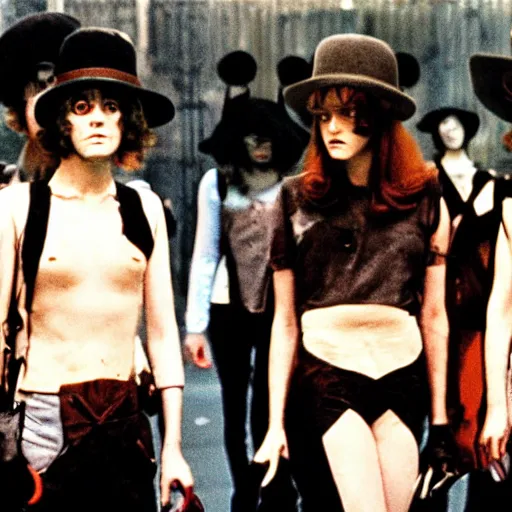 Image similar to A Clockwork Orange, women droogs, 1971 photography, female hooligans, shaggy haired punks, dystopian England