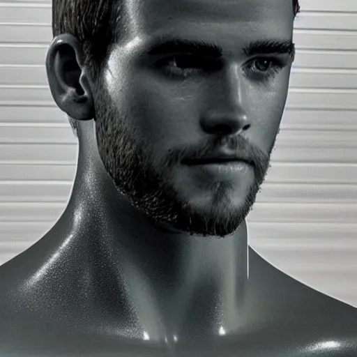 Image similar to “a realistic detailed photo of a guy who is an attractive humanoid who is half robot and half humanoid, who is a male android, actor Liam Hemsworth, shiny skin, posing like a statue, blank stare, at the museum, on display”