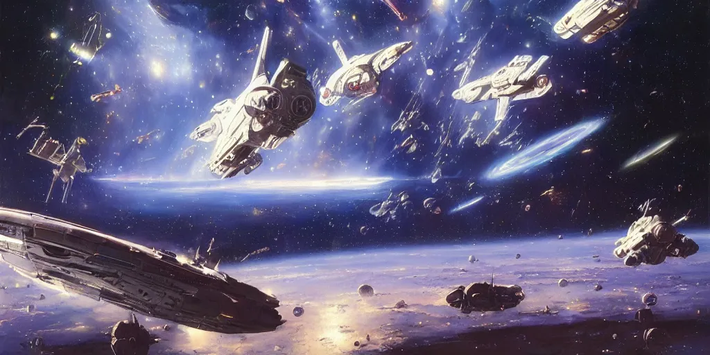 Prompt: a beautiful space scene with a spaceship, ralph mcquarrie, john berkey, alan bean trending on artstation, highly detailed oil painting, hyperrealistic, cinematic, dramatic lighting