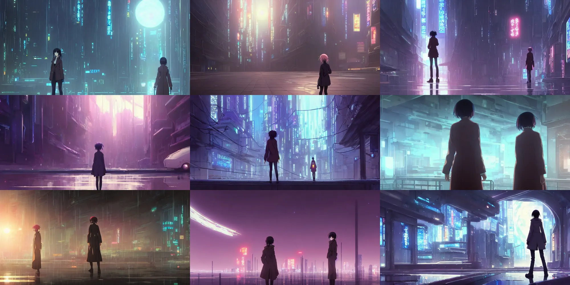 Prompt: a high definition screenshot from the haunting and strange science fiction ( ( ( cyberpunk ) ) ) anime anime anime film ; a lone lone single alone!!!!!!! female detective wearing a trenchcoat investigates a strange and ethereal dreamscape, digital painting by ( ( makoto shinkai ) ), moebius moebius, surrealism, trending on artstation