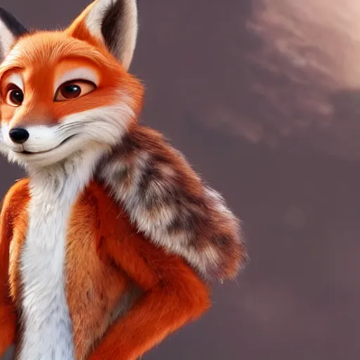 Prompt: anthropomorphic female fox with short white fur covering her body in the style of zootopia