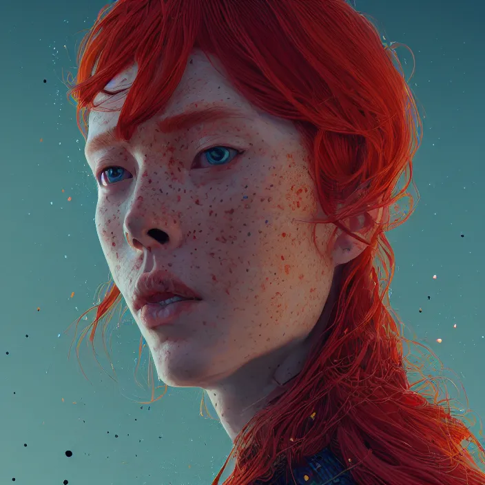 Image similar to portrait of a redheaded woman with freckles. intricate abstract. intricate artwork. by Tooth Wu, wlop, beeple, dan mumford. octane render, trending on artstation, greg rutkowski very coherent symmetrical artwork. cinematic, hyper realism, high detail, octane render, 8k, chrome accents