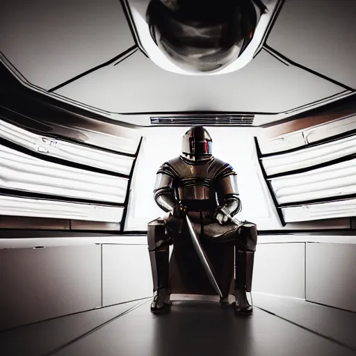 Prompt: a man wearing medieval knights armor sits in a spaceship, photography, movie still, dslr 5 5 mm, 4 k
