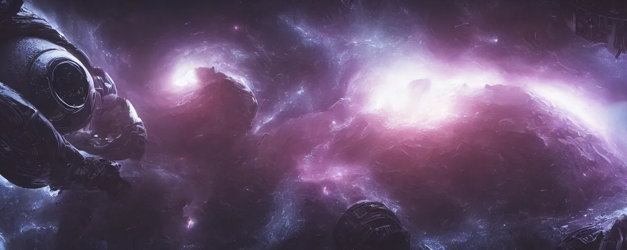 Image similar to a highly detailed dark epic swirling galaxy, space scene, dark scifi, unreal engine, octane render, detailed and intricate, global illumination, volumetric lighting