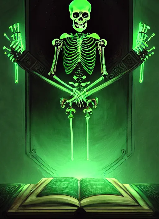 Image similar to portrait of a cyber skeleton, writing ancient evil runes with glowing green ink in a grand ancient book, intricate, elegant, glowing lights, highly detailed, digital painting, artstation, concept art, smooth, sharp focus, illustration, art by wlop, mars ravelo and greg rutkowski