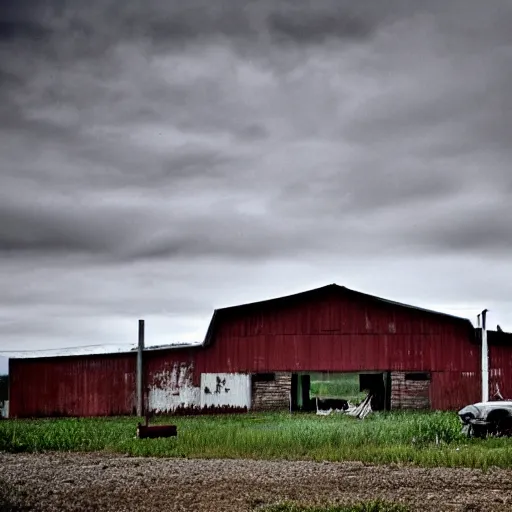 Image similar to a farm in an abandoned car parking building, photo by greg girard
