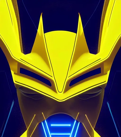 Image similar to symmetry!! yellow ranger, lightning - bolt - shaped eye - lense!!, hard edges, product render retro - futuristic poster scifi, thunderbolt and neon circuits, thunder strikes, intricate, elegant, highly detailed, digital painting, artstation, concept art, smooth, sharp focus, illustration, dreamlike, art by artgerm