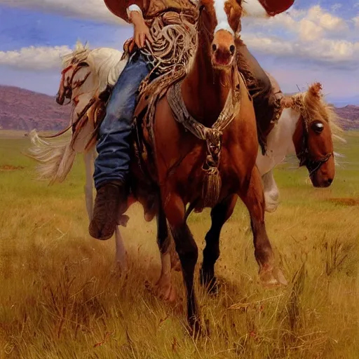 Prompt: cowboy, western art, Lilia Alvarado, Sophie Anderson, Mark Arian, Bob Byerley, Charlie Bowater, Mark Brooks