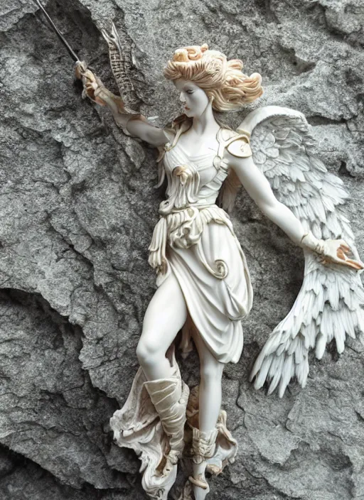 Image similar to high intricate porcelain sculpture of a baroque angelic warrior standing on the edge of a cliff, maria panfilova, andrea savchenko, mike kime, ludovic plouffe, qi sheng luo, oliver cook, trending on artstation