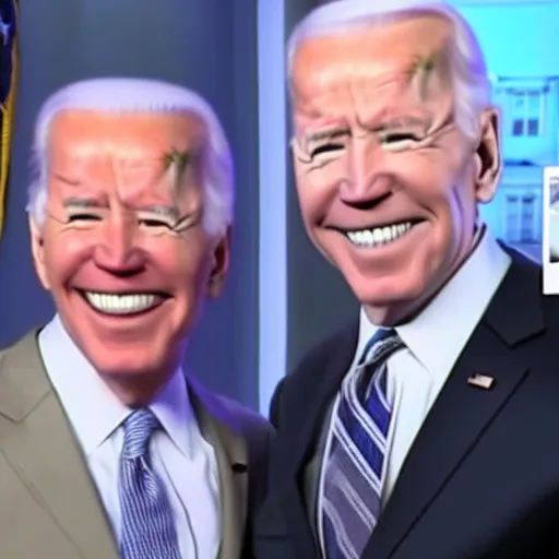 Prompt: a photo of Walter White posing for a photograph next to Joe Biden at a CNN interview