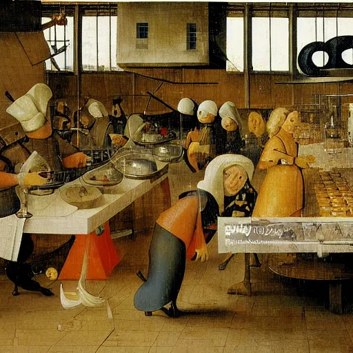 Image similar to inside a waffle making factory by hieronymus bosch, happy chef, highly detailed, colorful