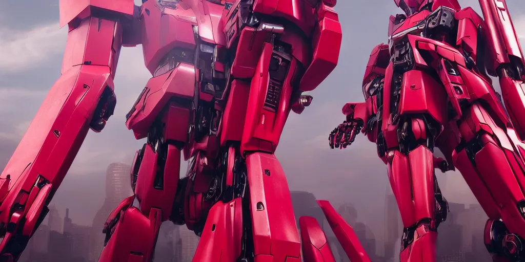 Image similar to a huge red humanoid female gundam mecha with unicorn horn in pink and red collection, intricate mechanical details, futuristic, y 2 k aesthetic, dramatic lighting, 4 k, 3 d octane render, provenance, detailed, trending on artstation