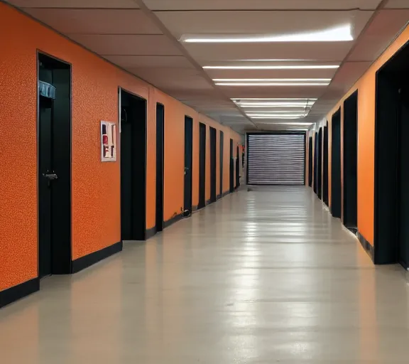 Image similar to a hall with orange walls and white tile floor, a split carpet, a black bench on the right, and a tv hanging in the right upper corner. end of the alley is dark and hard to see.