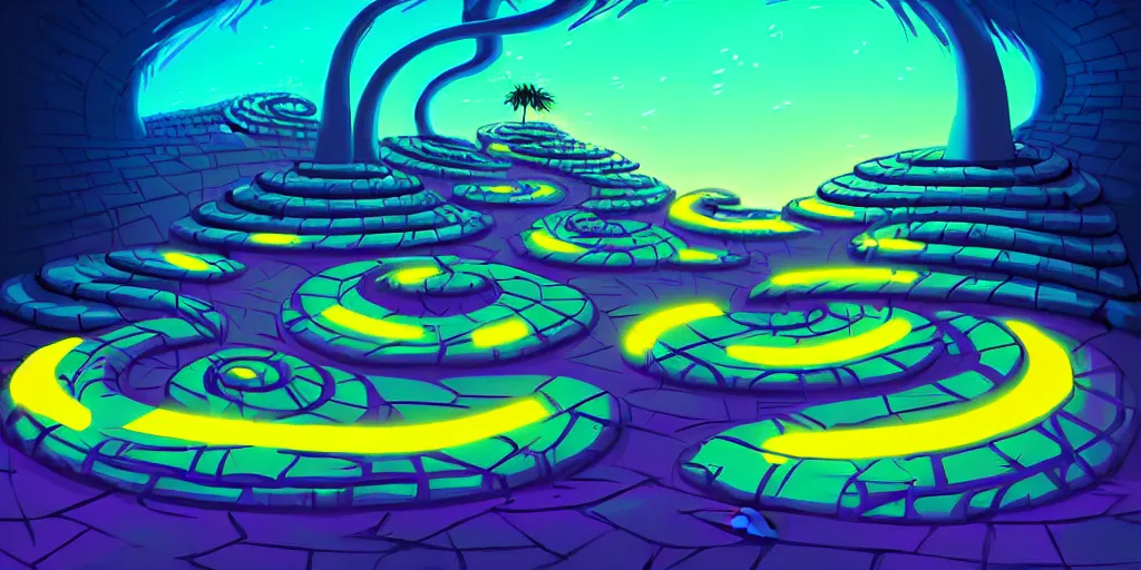 Prompt: neon light, night dark, curled perspective digital art of spiral clouds cobblestone street in top of a hill with curly palmtrees by anton fadeev from nightmare before christmas