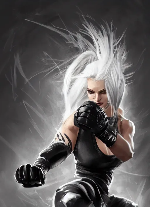 Image similar to a highly detailed illustration of fierce ponytail platinum blonde woman wearing black mma gear and gloves, dramatic powerful kicking pose, fairly muscular, athletic, intricate, elegant, highly detailed, centered, digital painting, artstation, concept art, smooth, sharp focus, league of legends concept art, WLOP