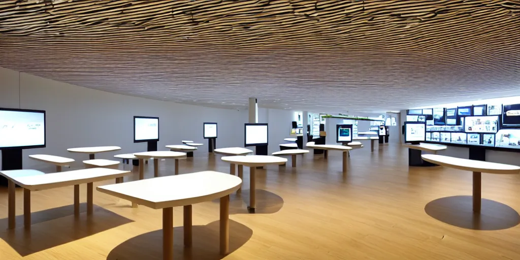 Prompt: wide angle photograph, atmospheric, realistic lighting, light bloom sunlight, nature outside, reflections, small samsung store. white walls. timber floor. display tables with phones and tablets. low ceilings with downlights and spots. curved white furniture with large digital screens. a few plants in the background