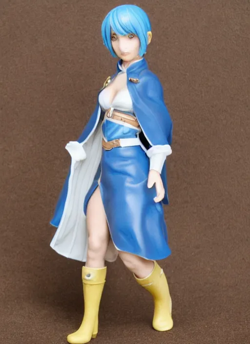 Image similar to 80mm resin detailed miniature of a female alchemist with short blue hair wearing a short dress, white stockings, leather boots and cape, Product Introduction Photos, 4K, Full body