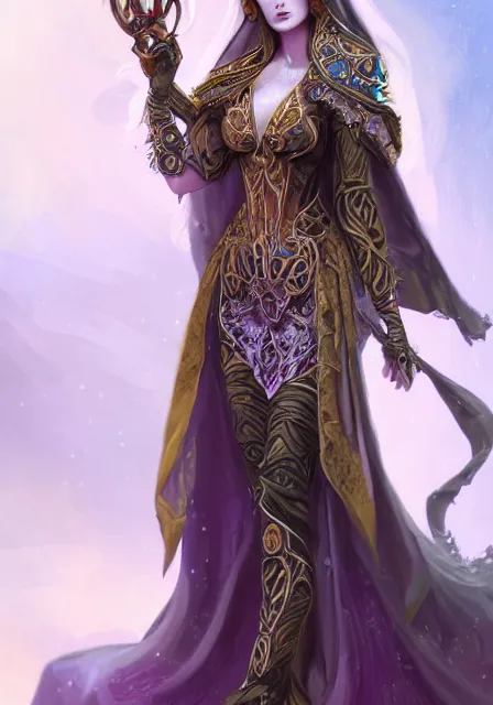 Image similar to beautiful female fantasy sorceress dressed in ornate robes, intricate, elegant, highly detailed, digital painting, artstation, concept art, smooth, sharp focus, illustration