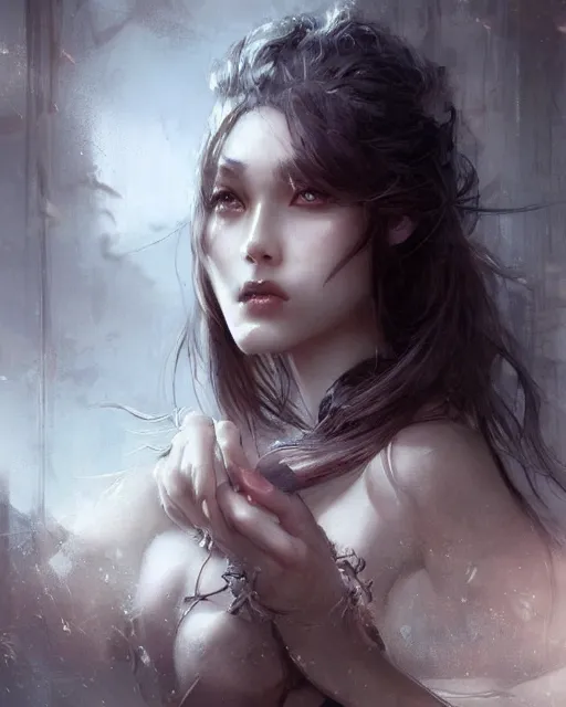 Image similar to beautiful women with oriental faces, character portrait, sharp, digital matte painting, art by luis royo, greg rutkowski, dramatic lighting, trending on artstation