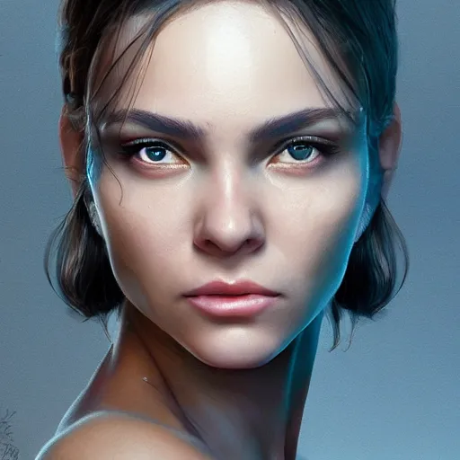 Prompt: a very beautiful and pretty woman with muscles, digital art, photorealistic, unreal engine, 8 k resolution, artstation, beautiful face, pretty face, very detailed eyes, full body, by wlop, greg rutkowski, simon bosley