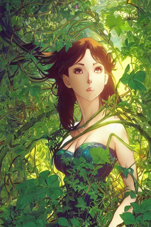 Prompt: anime key visual of a beautiful young zatanna, dc comics, covered in vibrant green vines, intricate, magical forest, stunning, highly detailed, digital painting, artstation, smooth, hard focus, illustration, art by artgerm and greg rutkowski and alphonse mucha