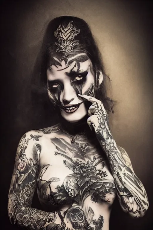 Image similar to tattooed beautiful goth girl smoking cigarette and smiling, dark, moody, eerie religious painting, photorealistic photo by national geographic, Peter Kemp