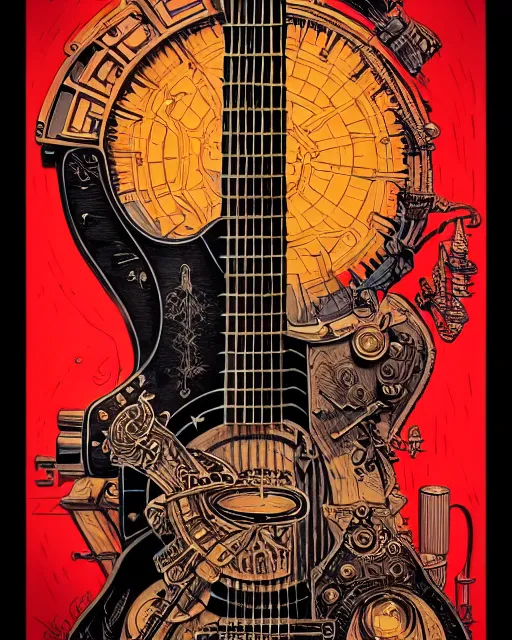 Image similar to a majestic steampunk alchemists guitar, two point perspective, furniture, high details, bold line art, by vincent di fate and joe fenton, inking, etching, screen print, masterpiece, trending on artstation, sharp, high contrast, hyper - detailed,, hd, 4 k, 8 k