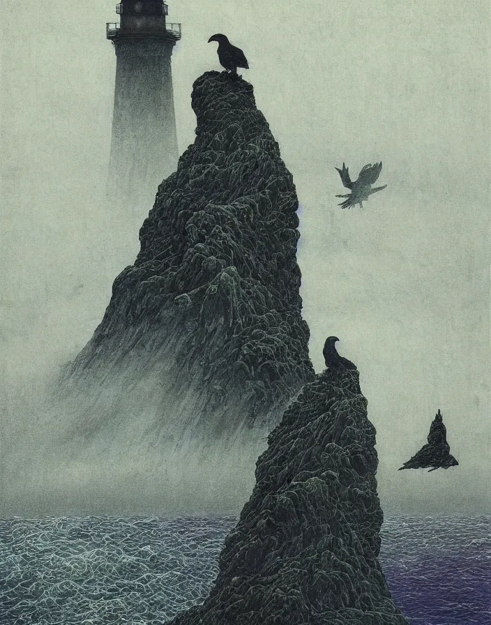 Image similar to worshippers in robes belonging to the cult of the lighthouse standing in waves with ravens flying overhead, a lighthouse, ravens, high detailed beksinski painting, part by adrian ghenie and gerhard richter. art by takato yamamoto. masterpiece, dark and moody, deep colours, blue