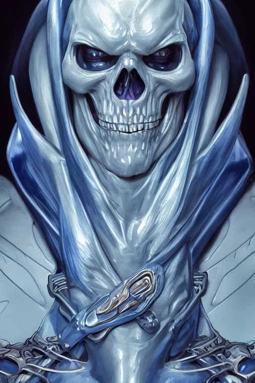 Image similar to ultra realistic illustration, skeletor from masters of the universe, sci - fi, fantasy, intricate, elegant, highly detailed, digital painting, artstation, concept art, smooth, sharp focus, illustration, art by artgerm and alphonse mucha