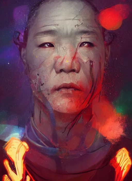 Image similar to colorful character portrait of a chinese prisoner at night lit by the stars, wispy smoke, highly detailed face, very intricate, symmetrical, cinematic lighting, award - winning, painted by mandy jurgens, peter doig, dystopian, bold colors, dark vibes, anime aesthetic, featured on artstation