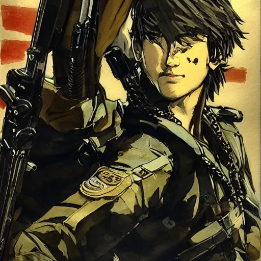 Image similar to portrait of a hero holding his sword in front of his face by yoji shinkawa, high quality, extra details, realism, ornate, colored, golden chain, blood, white skin, short hair, brown eyes, vivid, sunlight, dynamic, american man, freedom, white american soldier, pencil, twins