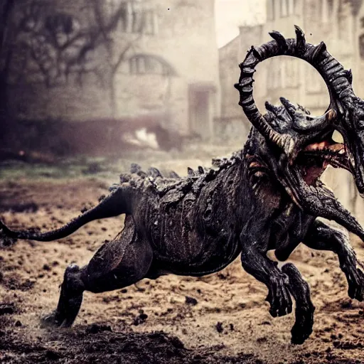 Image similar to horror, action photo, hd, depth of field, moody, a monstrous mutant goat creature is galloping across a muddy medieval village square in daylight, filthy matted fur, human eyes, disturbing, mutated, crocodile - like teeth