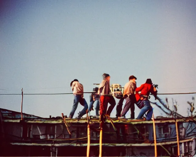 Image similar to lomo photo of roofjumpers climbing on roof of soviet hrushevka, small town, cinestill, bokeh, out of focus