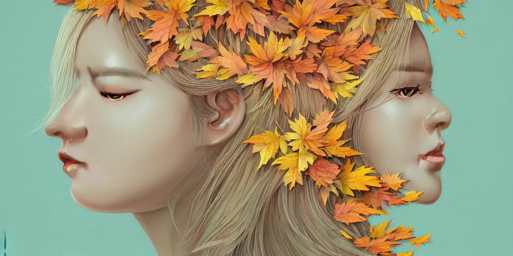 Image similar to breathtaking detailed concept art painting pattern pastel colors of blonde hair faces blend with autumn leaves, by hsiao - ron cheng, bizarre compositions, exquisite detail, 8 k