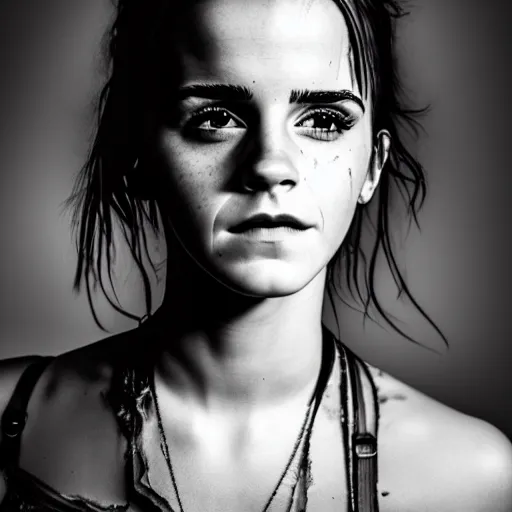 Image similar to Emma Watson, grungy, unkept hair, glowing eyes, modelsociety, wet from rain, radiant skin, huge anime eyes, bright on black, dramatic, studio lighting, perfect face, intricate, Sony a7R IV, symmetric balance, polarizing filter, Photolab, Lightroom, 4K, Dolby Vision, Photography Award