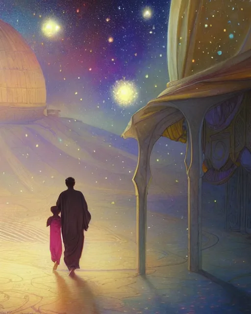 Image similar to bedouin man and woman and child in galaxy walking towards mosque surrounded by nebula, highly detailed, gold filigree, romantic storybook fantasy, soft cinematic lighting, award, disney concept art watercolor illustration by mandy jurgens and alphonse mucha and alena aenami, pastel color palette, featured on artstation