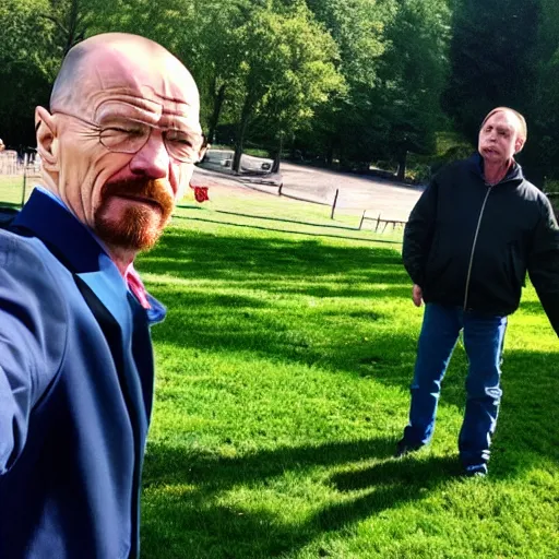 Image similar to walter white and putin in the park, selfie