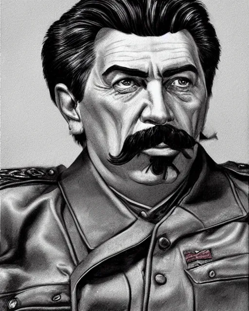 Prompt: portrait of joseph stalin in black leather jacket, gritty, very detailed, hyperrealistic, medium shot, very detailed painting by Glenn Fabry, by Joao Ruas