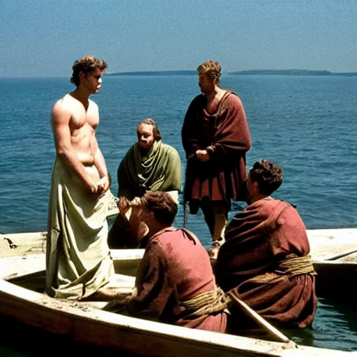 Image similar to Cinematic still of Stunned Men in 1st century clothing standing on a boat, looking in shock at the calm water, peaceful, epic directed by Ridley Scott