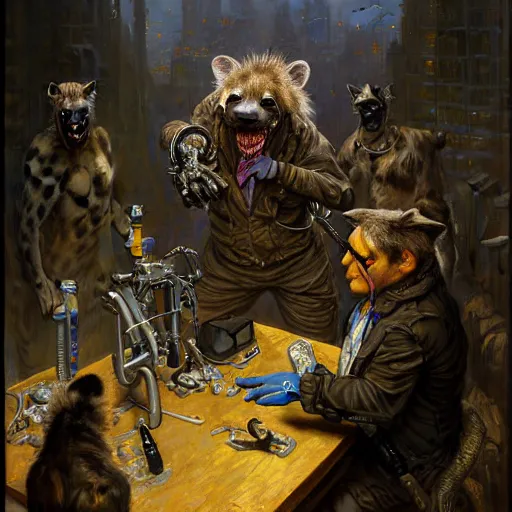 Image similar to portrait of a hyena gnoll dentist. shadowrun furaffiniy cyberpunk fantasy highly detailed painting by gaston bussiere craig mullins jc leyendecker gustav klimt artgerm greg rutkowski john berkey, bergey, craig mullins, ruan jia, raymond swanland, jeremy mann, tom lovell, alex malveda