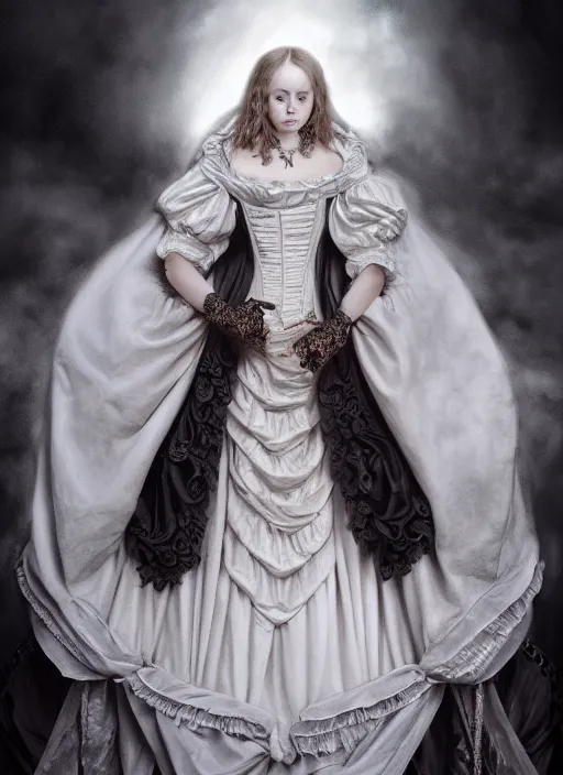 Image similar to historical baroque dress dark, alexander mcqueen, gothic bustier, portrait, voluminous, masterpiece, intricate, highly detailed, artstation, dreamy ghost, concept art