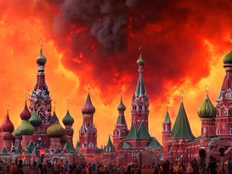 Prompt: Huge fires and explosions at Red Square Kremlin, Oil Painting, Trending on Artstation, octane render, Insanely Detailed, 8k, HD, design by Mark Ryden and Pixar and Hayao Miyazaki, unreal 5, DAZ, hyperrealistic, octane render, dynamic lighting, intricate detail, summer vibrancy, cinematic