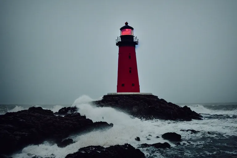 Prompt: film still of a lighthouse at bad weather with heavy waves, photography, natural light, cinematic, 8 k