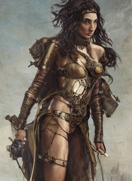 Image similar to highly detailed steampunk gal gadot standing, steel age : leonardo da vinci, greg rutkowski, magali villeneuve