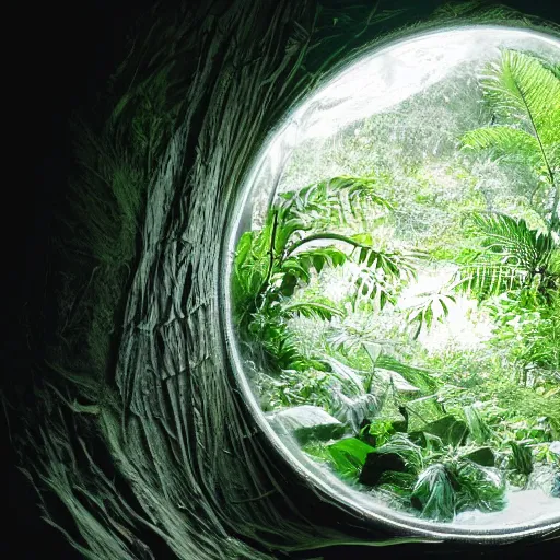 Image similar to photo of a beautiful rainforest habitat in a dome on the moon